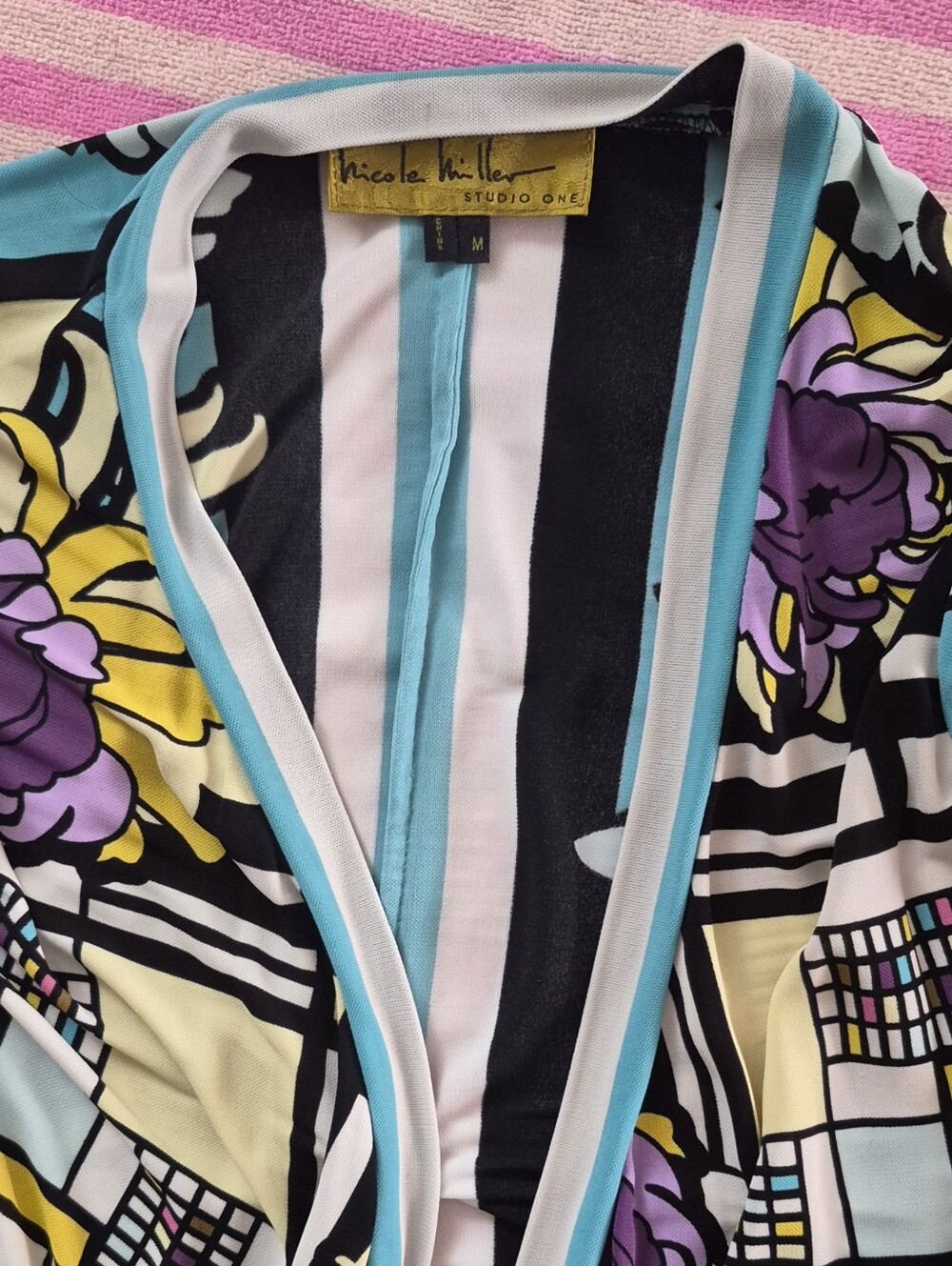 Nicole Miller Black, Purple, Yellow & Blue Geometric Floral Wrap Dress - Picture 5 of 5